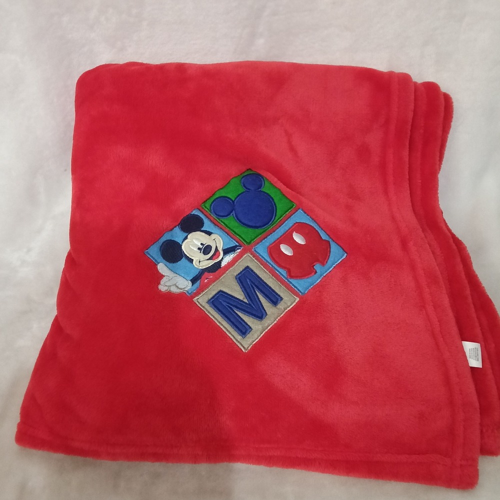 Disney Mickey Mouse Red Plush Fleece Blanket Embroidered Patch Throw 63x50